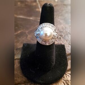 NWT 18K plated Diamond Silver Pearl Statemrnt Ring Sz 7
